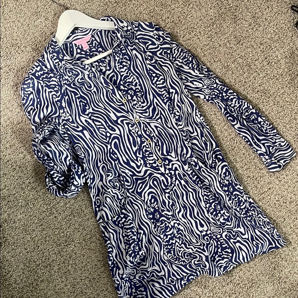 Blue and White Patterned Long Sleeve Shirt